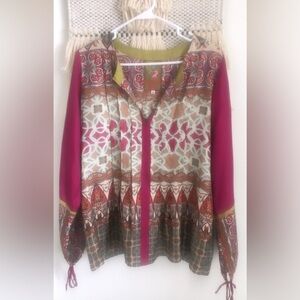 Johnny Was 100% Silk Floral Vneck Long Sleeve Blouse Wrist Ties Size Small